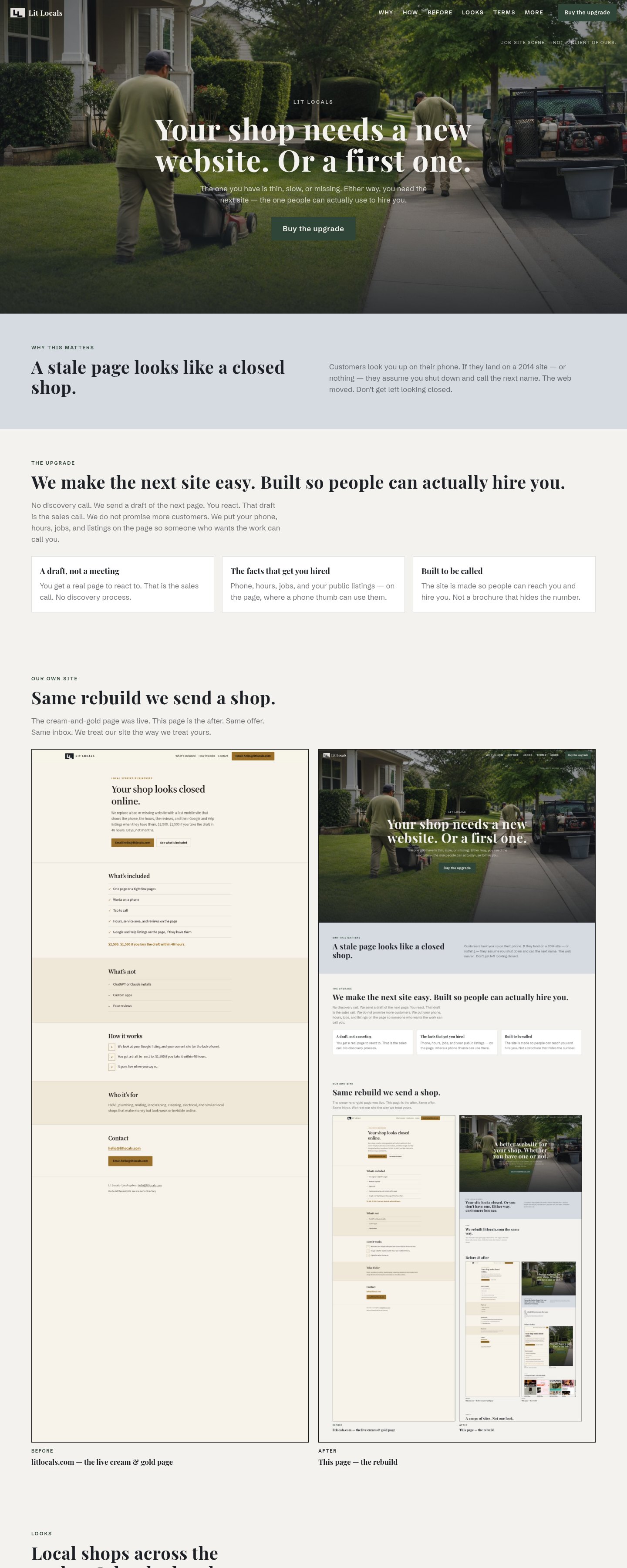 This new Lit Locals site — hero through several sections of the rebuild.