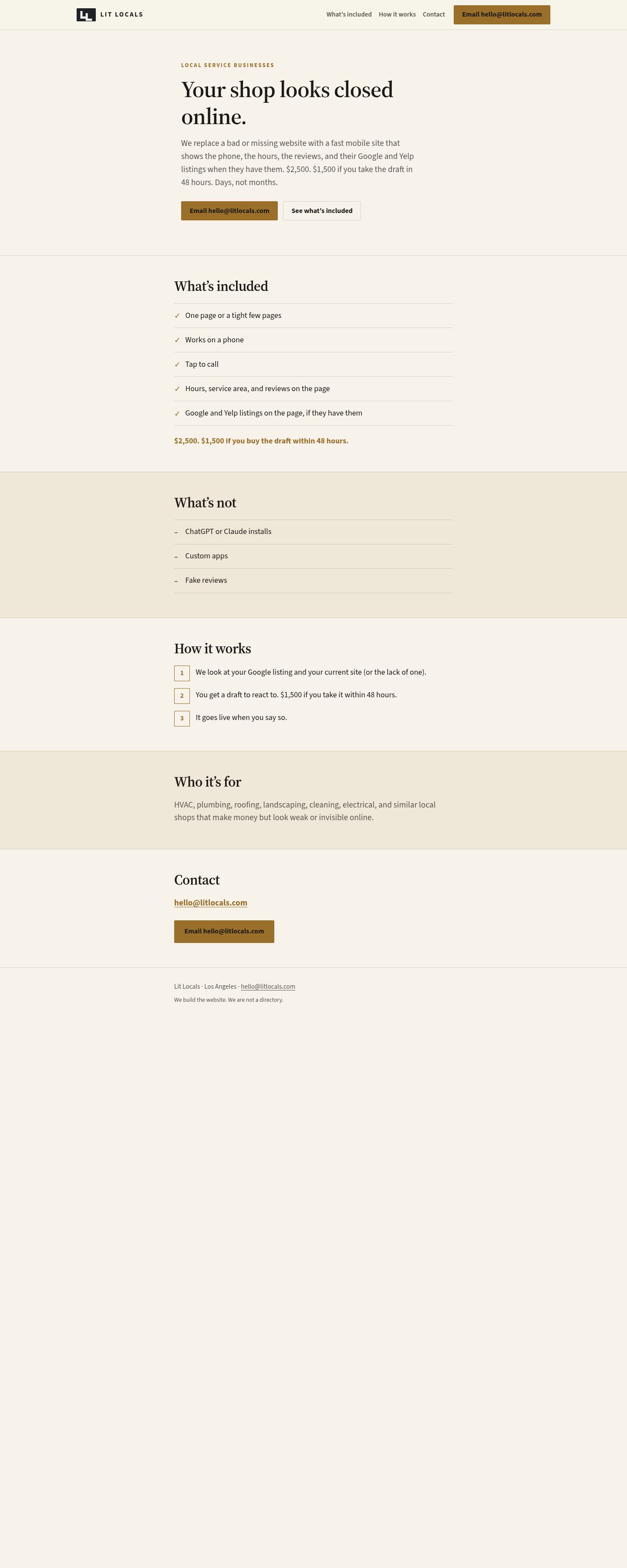 The previous Lit Locals site — cream background, gold buttons, Source Serif headline.